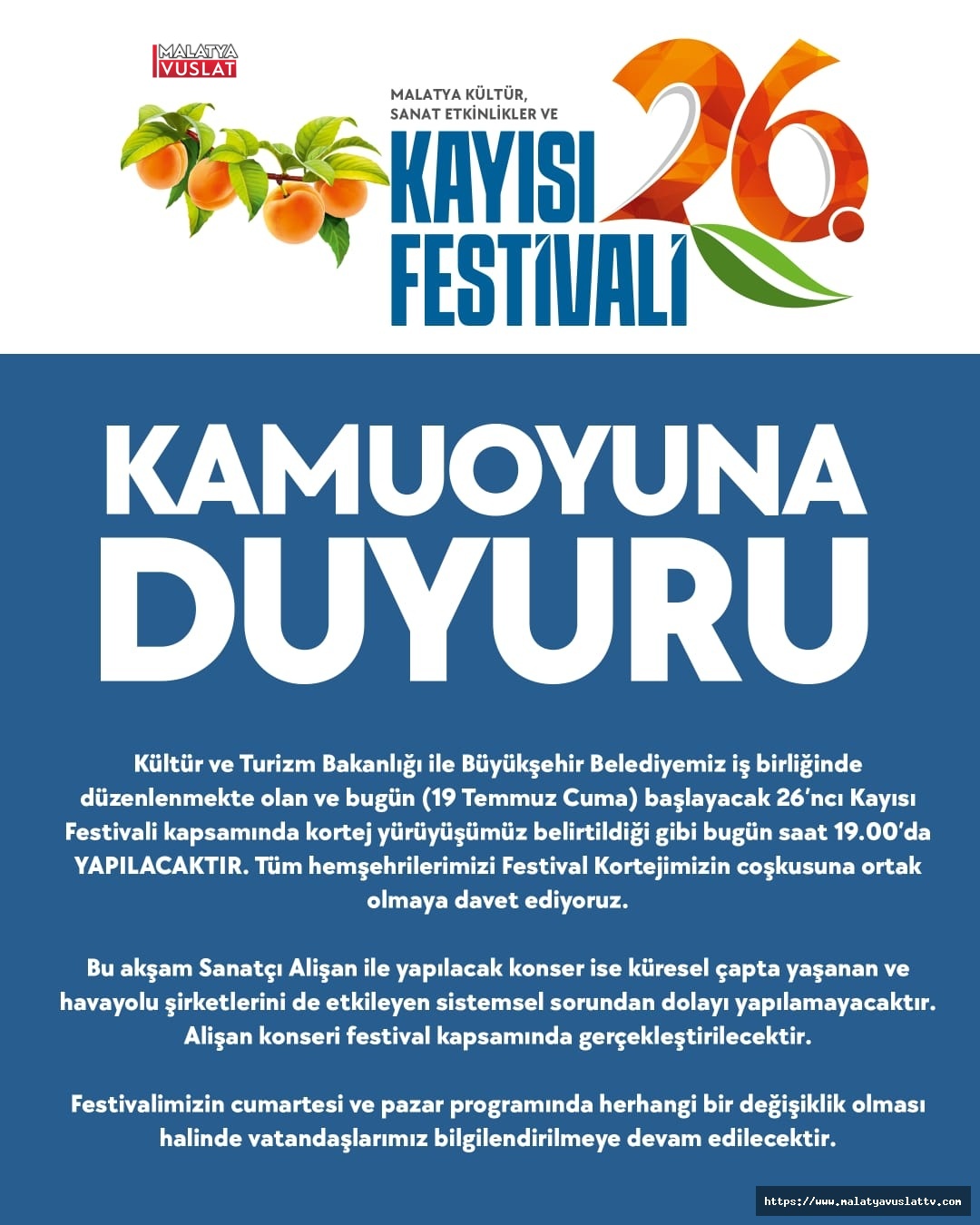 Kayısı Festivali Kapsamında Gerçekleşecek Alişan Konseri İptal Edildi!